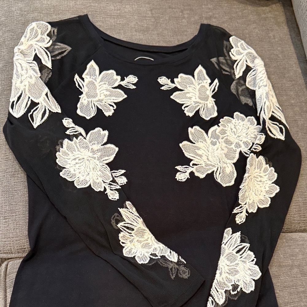 INC International Concepts Black Top with White Floral Lace